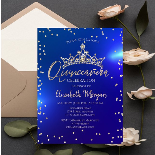 Guldtiara Diamanter Blå Quinceañera Inbjudningar (Skapare uppladdad)