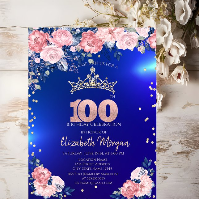 Guldtiara diamanter blommor blå 100-årsdag inbjudningar (Skapare uppladdad)