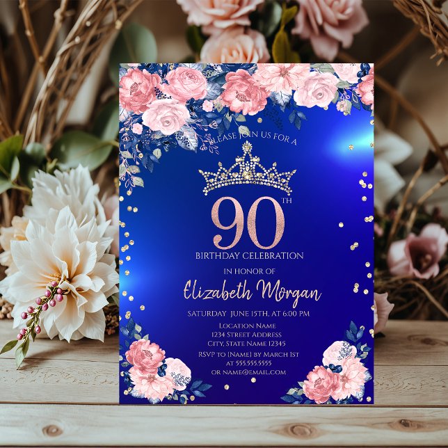 Guldtiara Diamanter Blommor Blå 90-årsdag Inbjudningar (Skapare uppladdad)
