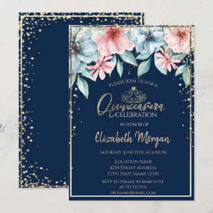 Guldtiara, diamanter, blomstergalla för Quinceañer Inbjudningar