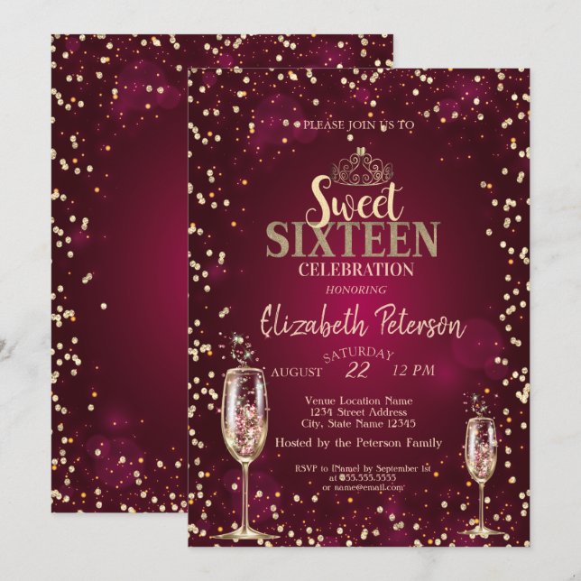 Guldtiara, diamanter champagneglas Sweet 16 Inbjudningar (Fram/baksida)