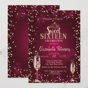 Guldtiara, diamanter champagneglas Sweet 16 Inbjudningar