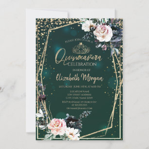 Guldtiara, Diamanter Chic Blommor Quinceañera Inbjudningar
