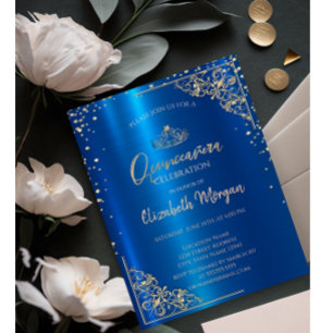 Guldtiara, diamanter Metallisk blå Quinceañera Inbjudningar