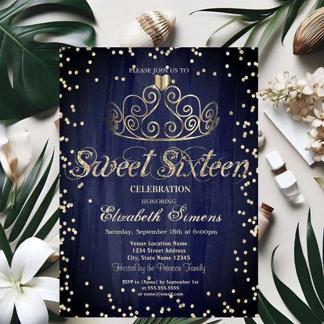 Guldtiara diamanter prinsessa marinblå Sweet 16 Inbjudningar (Skapare uppladdad)
