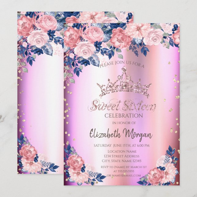Guldtiara diamanter rosor blå rosa Sweet 16 Inbjudningar (Fram/baksida)