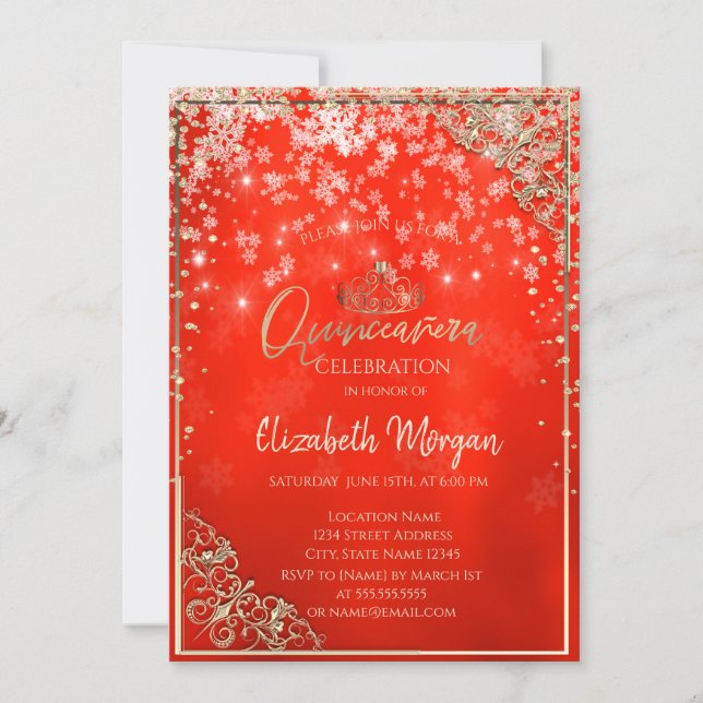 Guldtiara,Diamanter,Snöflingor,Röd Quinceañera Inbjudningar (Framsida)