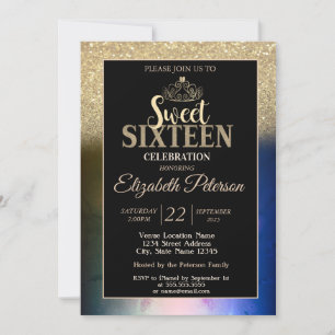 Guldtiara Glitter Bokeh Ombre Färgglad Sweet 16 Inbjudningar