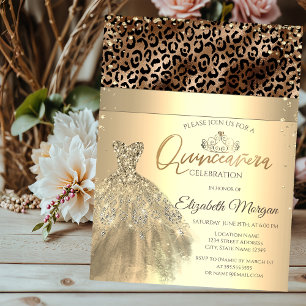 Guldtiara, klänning leopardtryck Quinceañera Inbjudningar