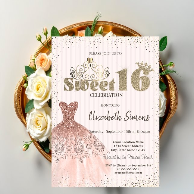 Guldtiara, Konfetti, Klänning, Randig Sweet 16 Inbjudningar (Skapare uppladdad)