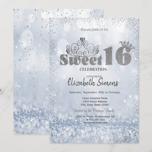 Guldtiara Konfetti Prinsessa Bokeh Sweet 16 Inbjudningar (Fram/baksida)
