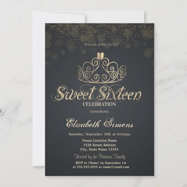 Guldtiara Konfetti Prinsessa Grå Sweet 16 Inbjudningar (Framsida)
