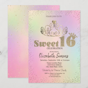 Guldtiara Konfetti Prinsessa Holografisk Sweet 16 Inbjudningar
