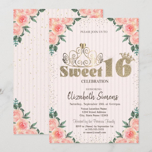 Guldtiara Konfetti Rosor, Randig Sweet 16 Inbjudningar (Fram/baksida)