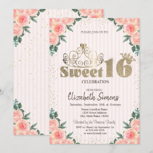 Guldtiara Konfetti Rosor, Randig Sweet 16 Inbjudningar