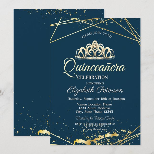 Guldtiara, Marinblå Quinceañera Inbjudningar (Fram/baksida)