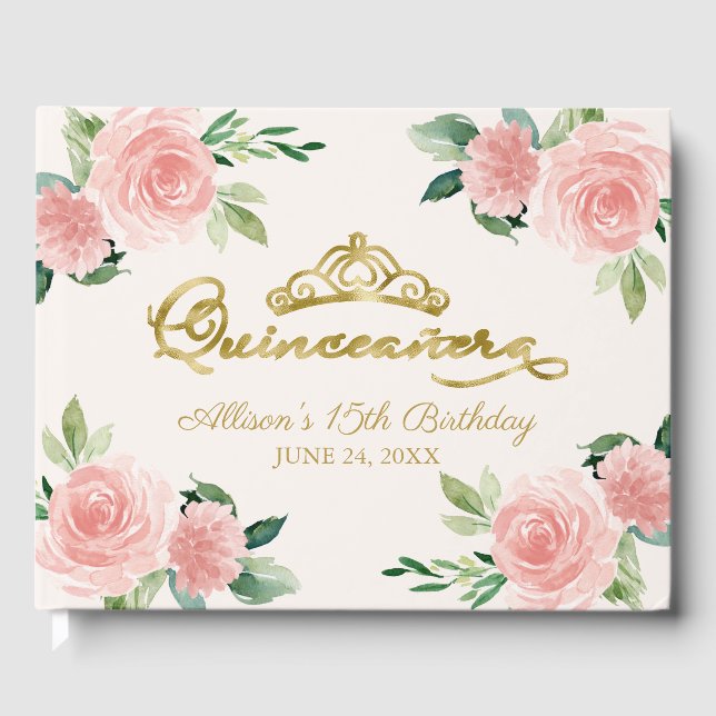 Guldtiara Rosa Blommig Quinceanera Gästböcker (Framsida)