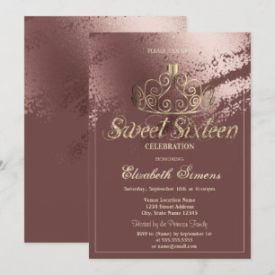 Guldtiara Rosa Guld Penseldrag Sweet 16 Inbjudningar