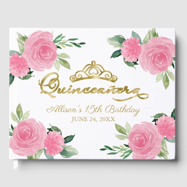 Guldtiara Rosabruna Het Rosa Blommig Quinceanera Gästböcker (Framsida)