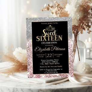 Guldtiara Silver Bokeh Rose Gold Glitter Sweet 16 Inbjudningar