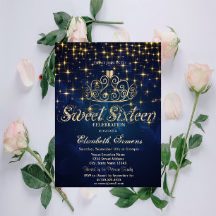 Guldtiara stjärnor prinsessa marinblå Sweet 16 Inbjudningar
