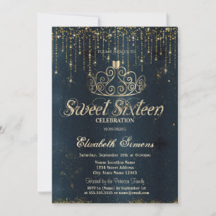 Guldtiara Strängljus Blå Prinsessa Sweet 16 Inbjudningar