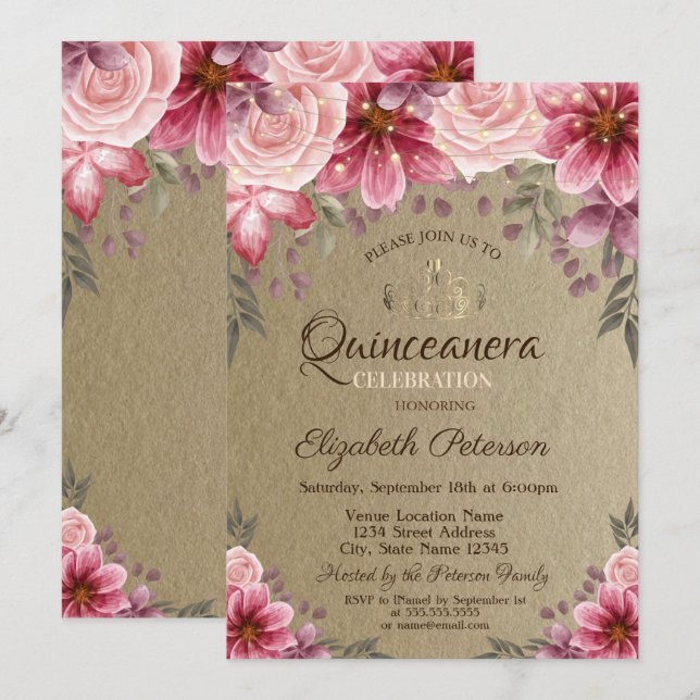 Guldtiara, Strängljus Blommor Kraft Quinceañera Inbjudningar (Fram/baksida)