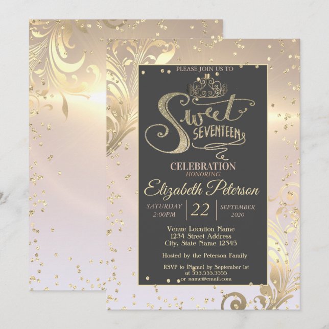 Guldtiara Sweet Diamonds 17 födelsedag Inbjudningar (Fram/baksida)