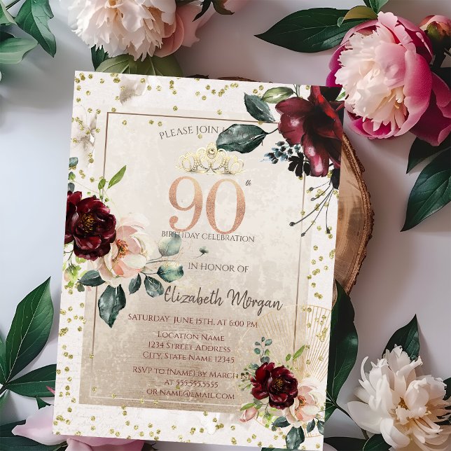 Guldtiara, Vinröda blommor  90-årsdag Inbjudningar (Skapare uppladdad)