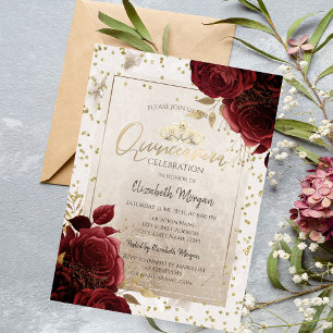 Guldtiara, vinröda blommor Diamanter Quinceañera Inbjudningar