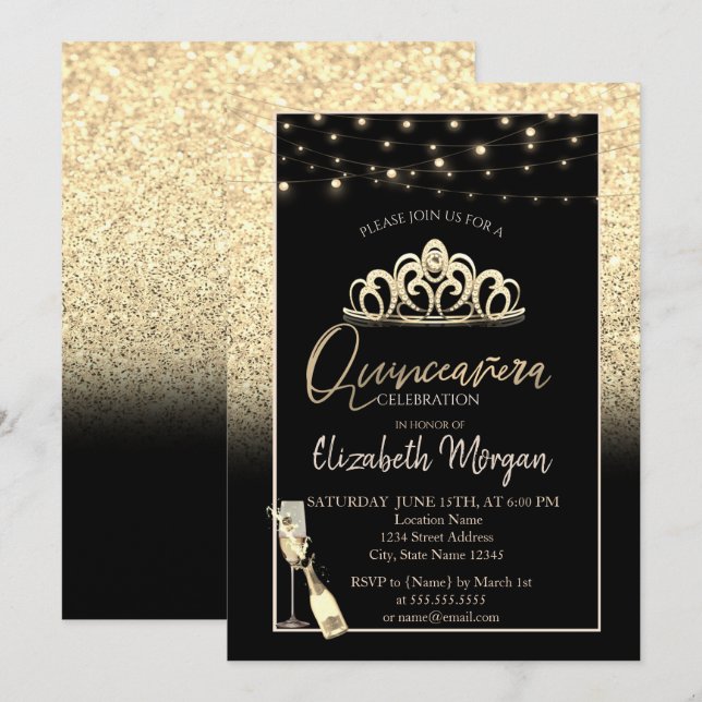 Guldtiara, vinstråle glitter Quinceañera Inbjudningar (Fram/baksida)