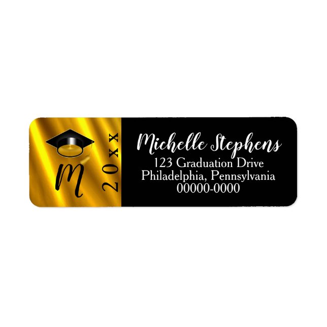 Guldton | Svart examenshatt år monogram Returadress Etikett (Framsidan)