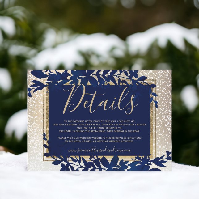 guldtypografi blad blå snö vinter detaljer tilläggskort (gold typography leaf blue snow winter details enclosure card)
