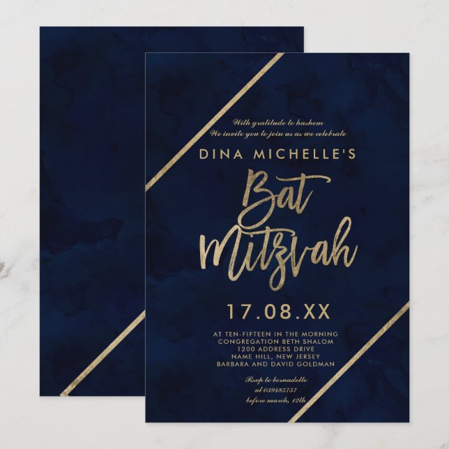 Guldtypografi marinblå akvarell Bat Mitzvah Inbjudningar (Fram/baksida)