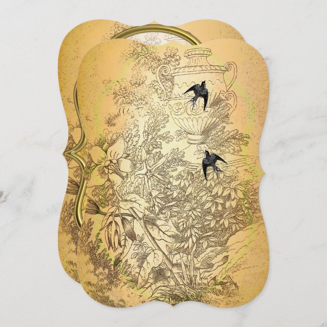 Guldurna Bröllopsinbjudan med Vintagefåglar Inbjudningar (Fram/baksida)