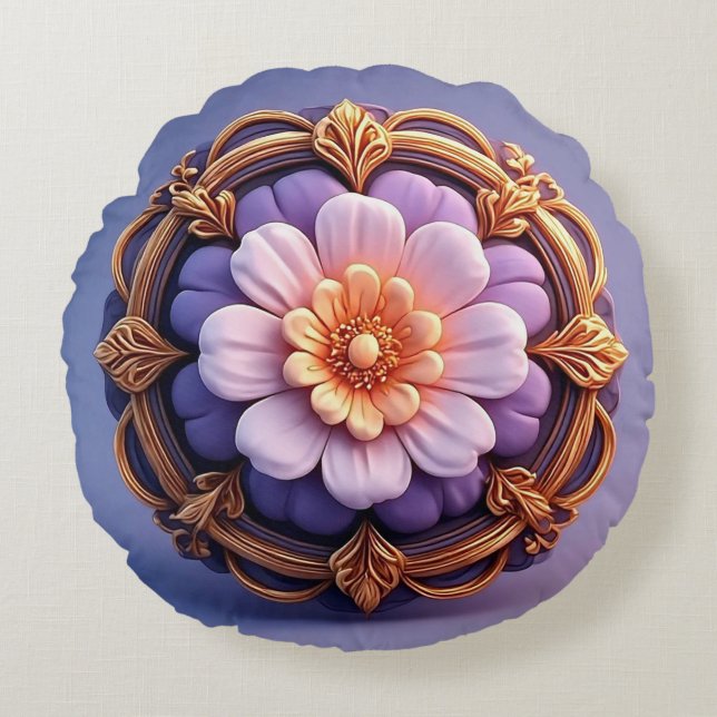 Guldutsmyckad blomsterformad medaljongdesign rund kudde (Framsidan)