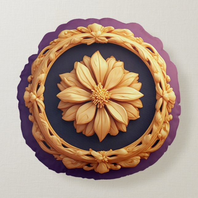 Guldutsmyckad blomsterformad medaljongdesign rund kudde (Framsidan)