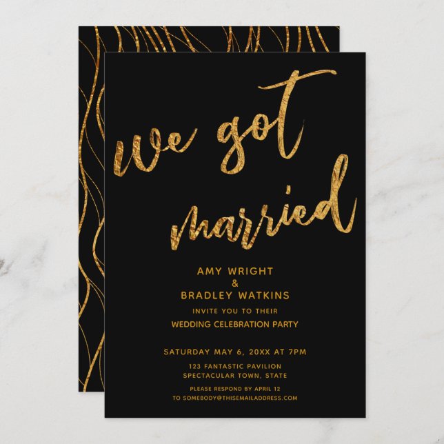 Guldvågor Vi Blev Gifta Svart Bröllopsfest Inbjudningar (Fram/baksida)