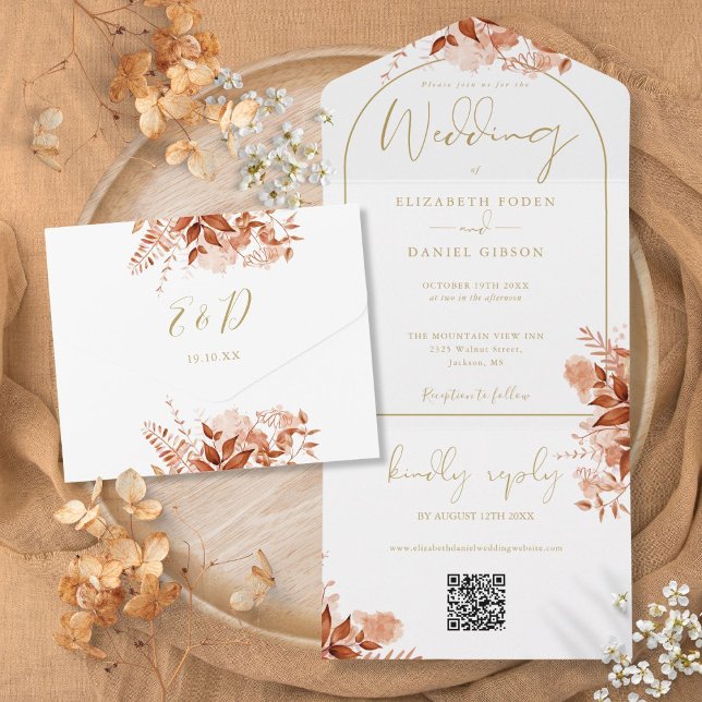 Guldvalv Höst Blommig QR-kod Bröllop (Gold Arch Autumn Fall Floral QR Code Wedding All In One Invitation)