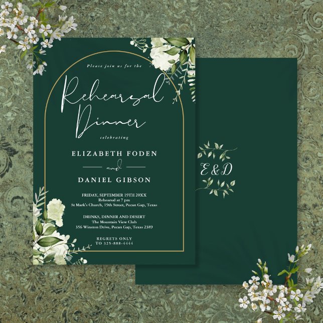 Guldvalvsmöte Emeraldgrönhet Övningsmiddag Inbjudningar (Gold Arch Emerald Greenery Rehearsal Dinner Invitation)