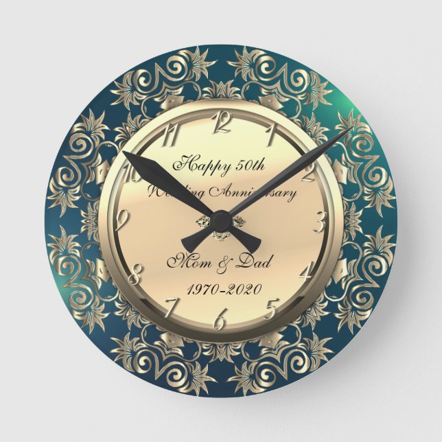 Guldvirvlar Diamant Grön 50-årsdag Rund Klocka (Framsida)