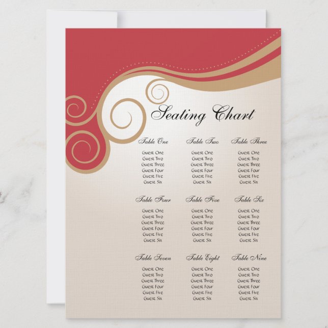 Guldvirvlar på röd och krämfärgad sittplatskarta inbjudningar (Framsida)