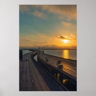 Gulf Coast Sunrise Causeway Bridge Highway Poster