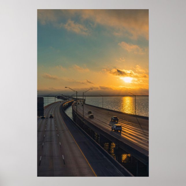 Gulf Coast Sunrise Causeway Bridge Highway Poster (Framsidan)