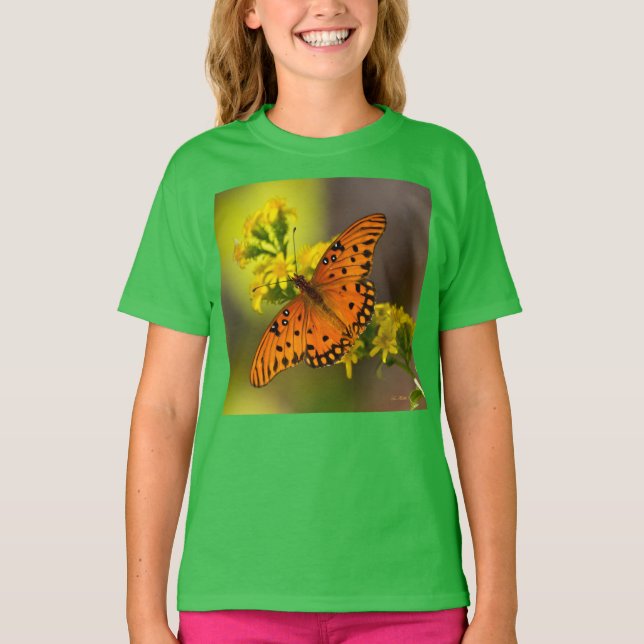 Gulf Fritillary aka Passion Butterfly on Goldenrod T Shirt (Framsida)