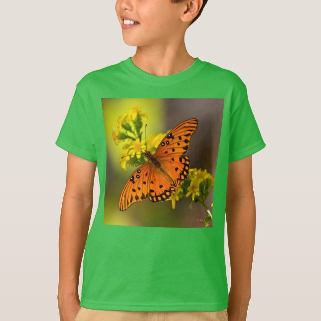 Gulf Fritillary aka Passion Butterfly on Goldenrod T Shirt (Framsida)