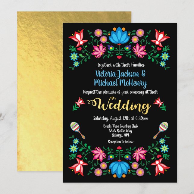 Gulfenad Blommigt Mexikanska Bröllop Fiesta Card Inbjudningar (Fram/baksida)