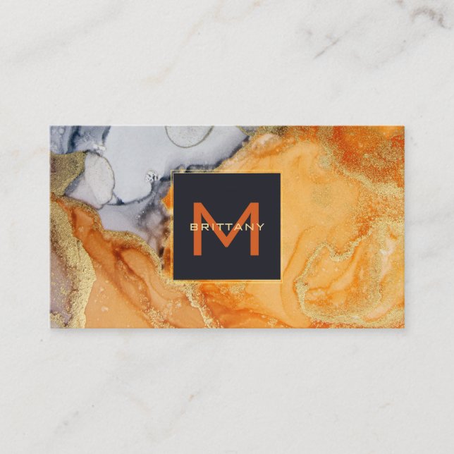 Gulfenad monogram Amber Grått Black-Anpassningsbar Visitkort (Framsida)