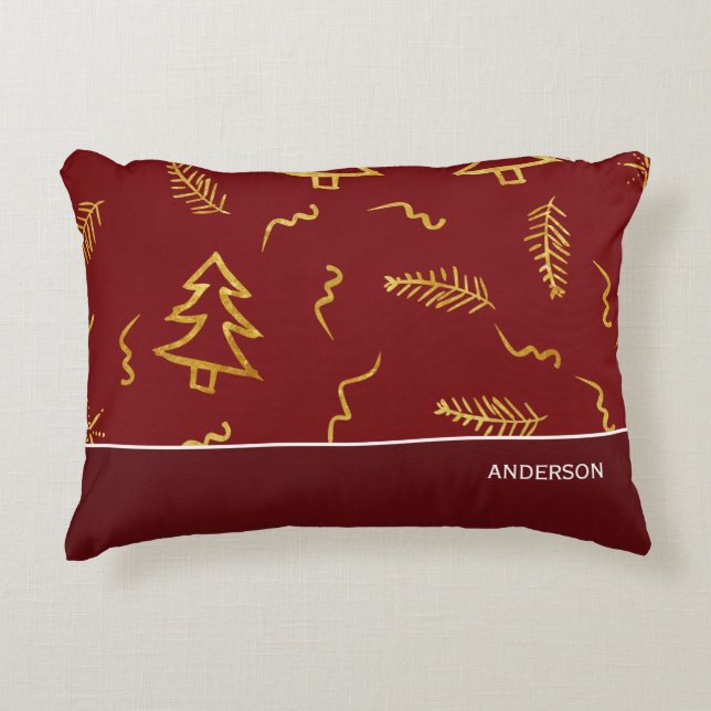Gulfenad olja Julgran Mönster Red Helgdag Prydnadskudde (Framsidan)