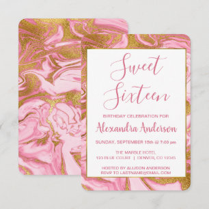 Gulfenad olja och Shock rosa Marble Sweet 16 Birth Inbjudningar